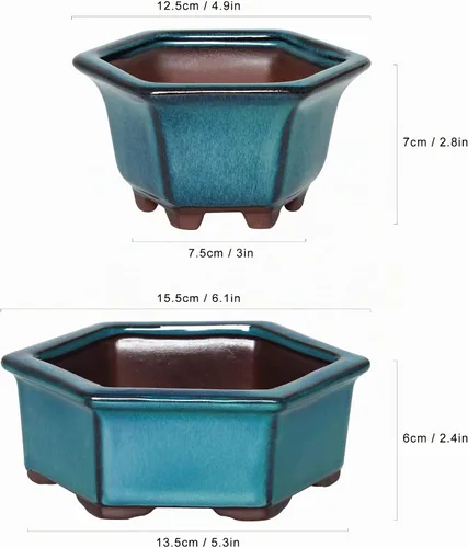 Vista 2 de Maceta Bonsái 2 macetas pequeñas esmaltadas para suculentas de 4.9 y 6.1 pulgadas + 6 pantallas de drenaje de malla suave