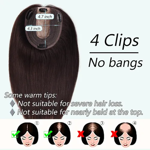 Vista 6 de Toppers de cabello humano real para mujeres con cabello delgado, 6 pulgadas, marrón oscuro