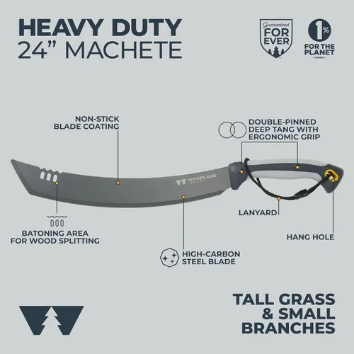 Vista 2 de Woodland Tools Machete resistente – Hoja curvada Parang de 16 pulgadas con espiga completa, mango ergonómico y funda de nailon balístico – Cortador