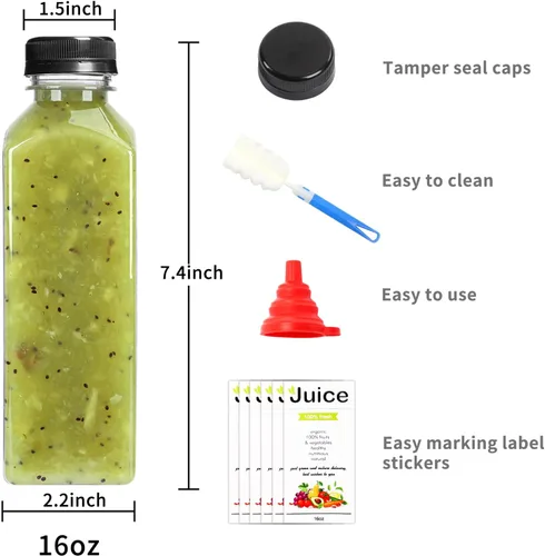 Vista 2 de DEPEPE Botellas de jugo de plástico de 16 oz con tapas, 24 botellas de jugo para sacar Botellas de jugo con tapas, recipientes transparentes a