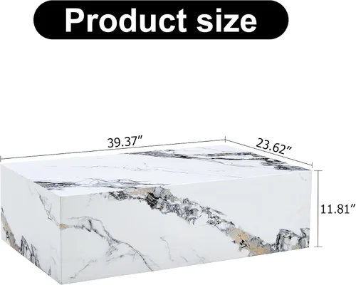 Vista 2 de Mesa de centro blanca de 39.3 pulgadas, moderna mesa central de mármol sintético de lujo, cubo rectangular minimalista, mesa de cóctel MDF, mesa