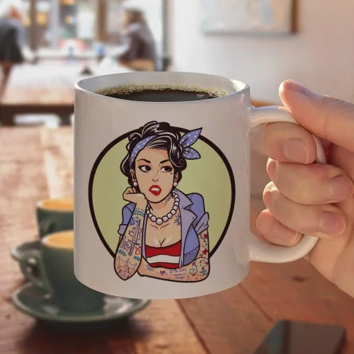 Vista 4 de Rockabilly - Taza de café de cerámica retro Pin Up Girl With Tattoos, novedosa taza de regalo para café, té y bebidas calientes, 11 onzas