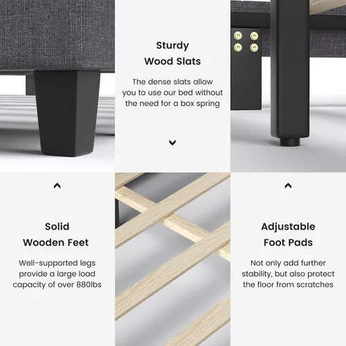 Vista 3 de KOMFOTT Base de cama tapizada de tamaño matrimonial con almacenamiento otomano, base de colchón moderna con cabecera copetuda con botones, base