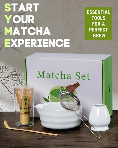 Vista 4 de Juego de batidor de matcha blanco – Juego de 5 piezas incluye chawan de 17 onzas con boquilla, batidor de bambú Chasen con soporte de cerámica
