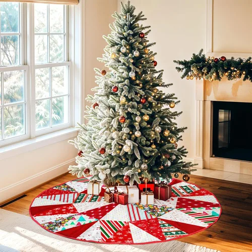 Vista 3 de M YESCUSTOM Falda de Árbol de Navidad de 36" A Cuadros de Búfalo Tapete de Árbol Copos de Nieve Rojo Caramelo Santa Falda de Árbol Adornos Rústicos