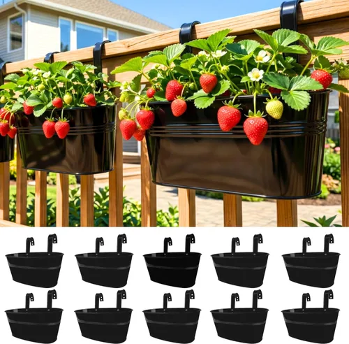 Vista 12 de LaLaGreen Jardinera de Barandilla para Exteriores (11.8 Pulgadas, Paquete de 4) Macetas Colgantes de Hierro Negro para Barandillas de Terraza Cubos