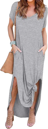 Vista 14 de GRECERELLE - Vestido largo para mujer, holgado, con bolsillos, manga corta y abertura lateral, estilo informal Verde militar