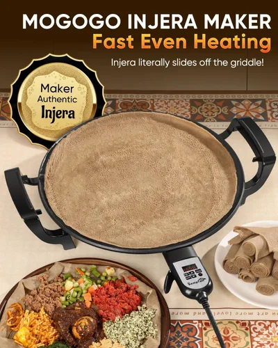 Vista 5 de Ethiopian Injera Maker Mitad (Mogogo), plancha eléctrica con temperatura y tiempo ajustables, superficie antiadherente para Lefse noruego