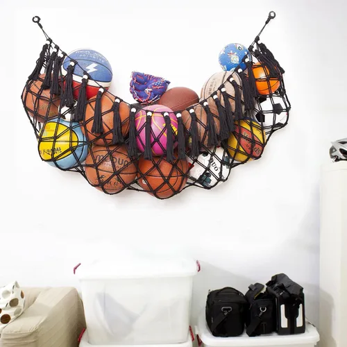 Vista 5 de Hamaca de red de almacenamiento de pelotas deportivas para garaje, cesta colgante, red organizadora para baloncesto, voleibol, fútbol, estante