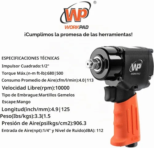 Vista 5 de WORKPAD - Mini llave de impacto neumática de 1/2 pulgada con martillos gemelos, herramientas neumáticas