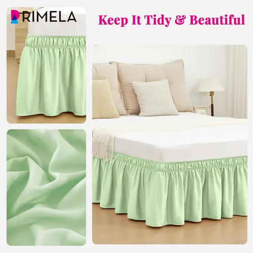 Vista 5 de Falda de cama RIMELA tamaño Queen color verde bebé con caída de 15 pulgadas, falda elástica envolvente, volante que protege contra el polvo