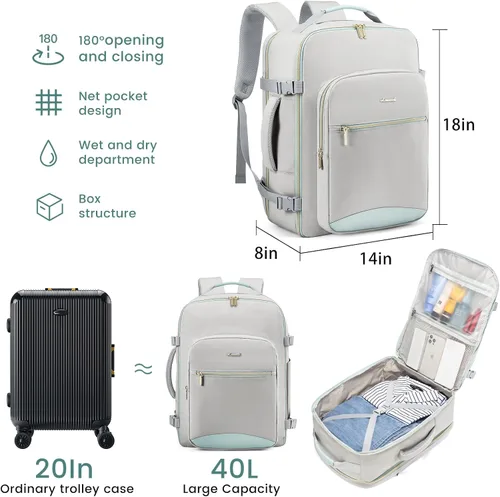 Vista 2 de LOVEVOOK Mochila de viaje grande de 40L para mujeres y hombres, mochila de mano aprobada por aerolíneas, Gris- verde, Mochila de viaje