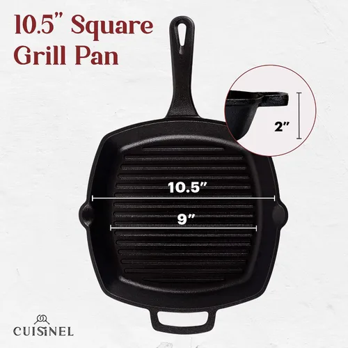 Vista 3 de Cuisinel - Sartén de hierro fundido cuadrada para parrilla + tapa de vidrio + raspador de sartén + cubierta de mango - Sartén con nervaduras