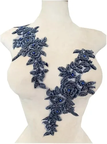 Vista 7 de PLune Apliques de encaje con cuentas, parches perfectos para vestidos de boda, accesorios de ropa, un par/bolsa, 5.5 x 12.9 pulgadas (azul)
