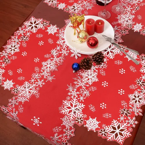Vista 2 de Caminos de mesa bordados con copos de nieve para Navidad e invierno (rojo, 14 x 34 pulgadas)