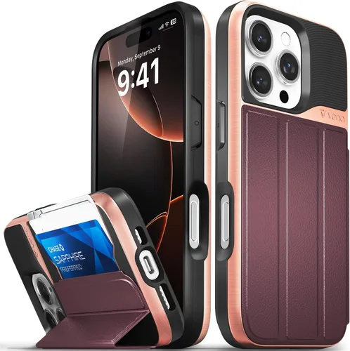 Vista 91 de VENA vCommute - Funda tipo cartera para iPhone 15, [protección contra caídas de grado militar] Funda de cuero con ranura para tarjetas con soporte