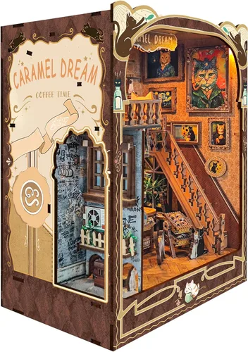 Vista 2 de Kit de rincón de lectura - Kit de casa de muñecas DIY en miniatura de madera con cubierta de polvo, estantería decorativa, rompecabezas 3D