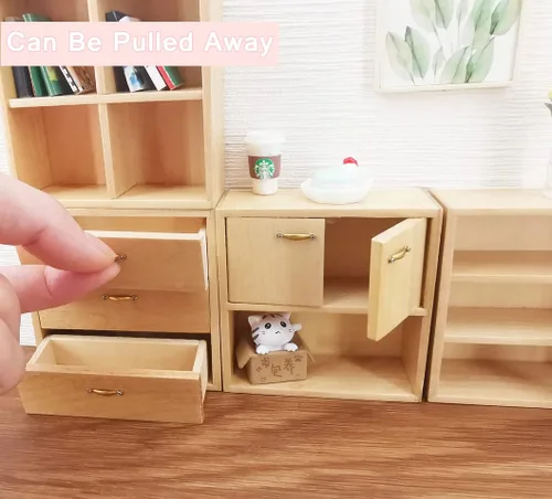 Vista 6 de Cabina de exhibición de madera en miniatura para muebles de casa de muñecas (blanco, escala 1:12, 12 piezas)