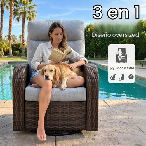 Vista 5 de LayinSun Sillón reclinable giratorio de mimbre de gran tamaño con respaldo ajustable y reposapiés, sillón reclinable para patio Gris