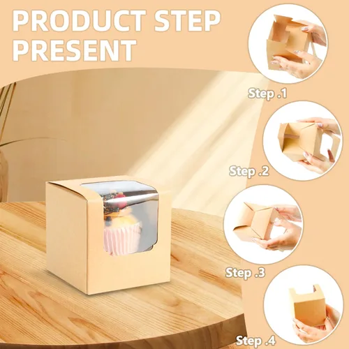 Vista 4 de 25 unidades de recipientes blancos individuales para cupcakes con insertos de ventana, asa para cajas de dulces de boda (25P-marrón)