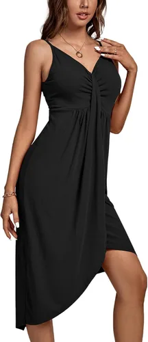 Vista 3 de LYANER Vestido midi de fiesta con cuello en V y tirantes delgados fruncidos y abertura frontal para mujer