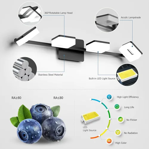 Vista 4 de 4 lámparas de acrílico para baño, moderna lámpara negra para tocador de baño, accesorios de iluminación de pared negro mate sobre el espejo, luz LED
