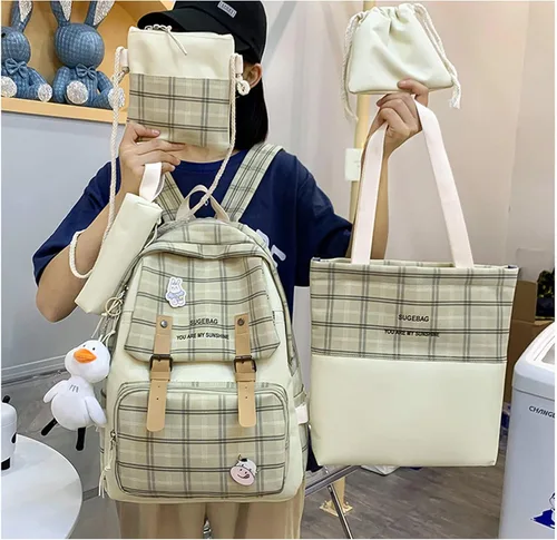 Vista 2 de Hopecn Juego de 5 mochilas kawaii a cuadros para mujer, bonita bolsa estética verde salvia, mochila escolar para mayores de 6 años.