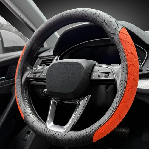 Vista 9 de LKWLIKEI Funda de cuero napa para volante, elegante diseño a cuadros de diamante, antideslizante y resistente al desgaste, mejora la comodidad