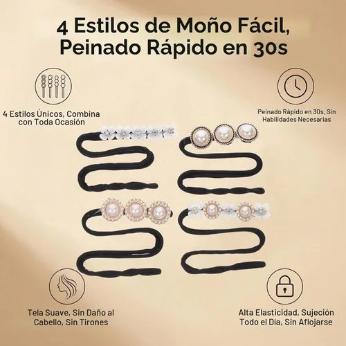Vista 3 de 4 piezas de moños mágicos para el cabello con moldeadores de esponja de espuma Peal y flores, soportes para donas para torcer el cabello, rizos