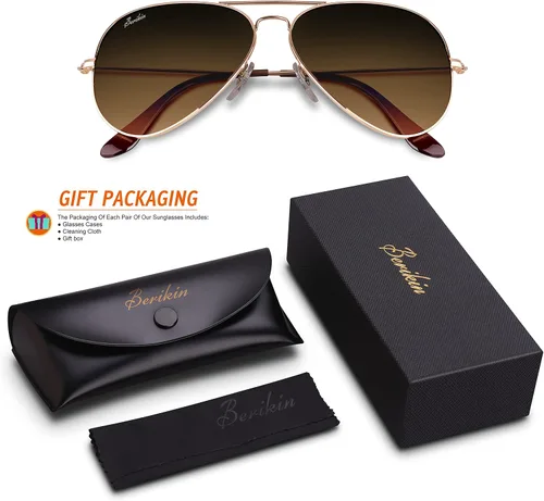 Vista 6 de Berikin Gafas de sol clásicas estilo aviador para hombres y mujeres, 100% protección UV400, lentes de cristal degradado marrón, marco de metal dorado