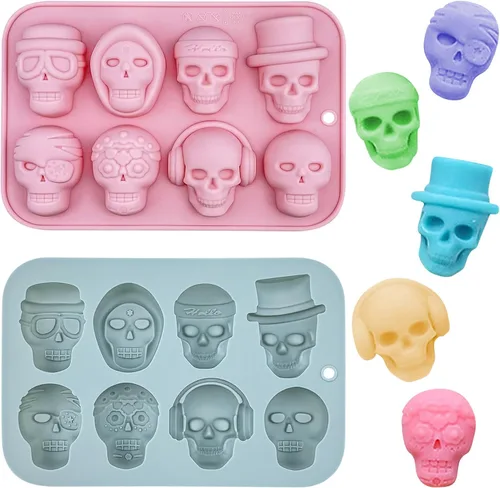 Vista 9 de 2 moldes de silicona de calavera de Halloween, 12 cavidades con forma de calavera, molde de fondant, lindo molde decorativo de chocolate