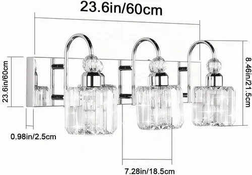 Vista 7 de Ralbay Modernas luces LED de cristal para tocador de baño, 3 luces de acero inoxidable, luces de tocador de cristal sobre el espejo, accesorios