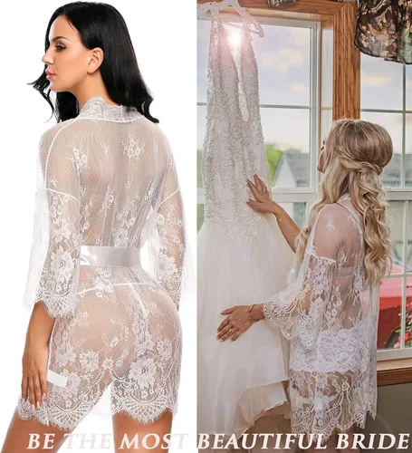 Vista 6 de Avidlove - Kimono de encaje para mujer, tipo babydoll, camisón de malla de lencería de talla S-5XL