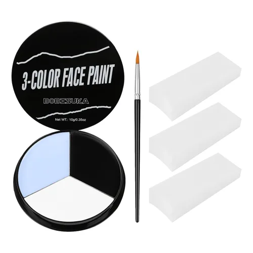 Vista 8 de Pintura facial blanca, negra y azul + 3 piezas de esponja + juego de pintura corporal con pincel, negro ojo para juegos deportivos de béisbol
