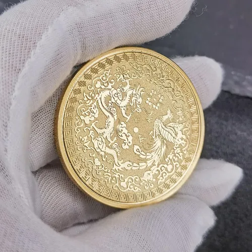 Vista 6 de Colorido dragón chino y fénix moneda de la suerte - Rascador de boletos de lotería - Atrae buena fortuna - Moneda de desafío de buena suerte
