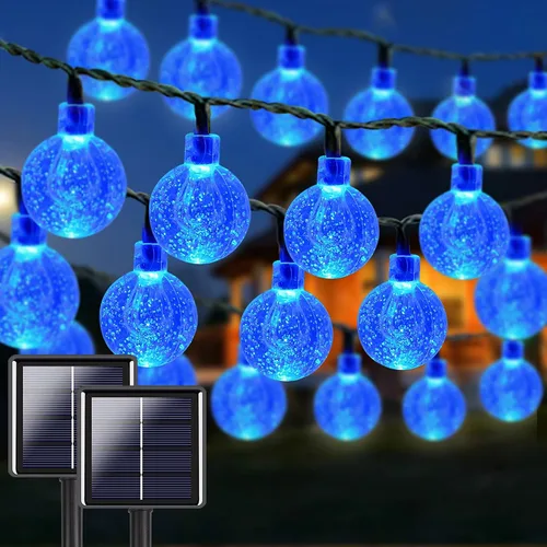 Vista 9 de LORRYTE Tira de luces solares para exteriores, 50 luces LED de 32 pies, impermeables, con energía solar, luces de globo de cristal para exteriores