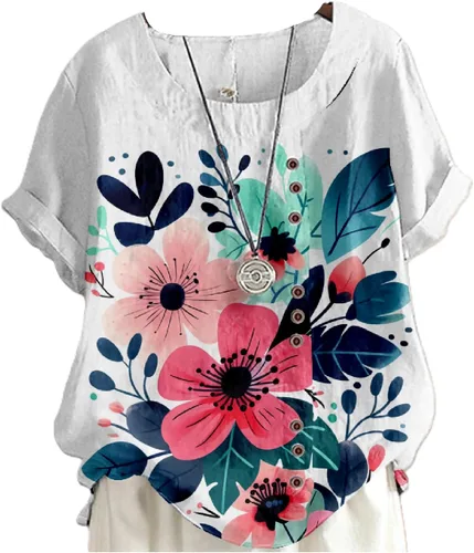 Vista 22 de domirica Camisetas de verano para mujer 2024 con estampado de flores, algodón, lino, manga corta, cuello redondo, camisas casuales de moda