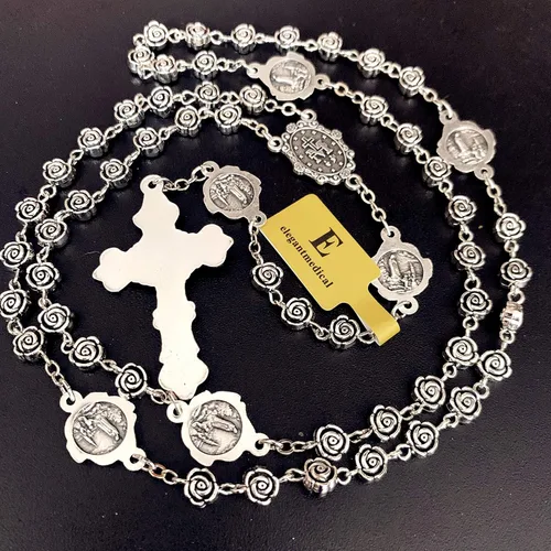 Vista 3 de elegantmedical Hecho a mano vintage plata rosa cuentas rosario católico collar cruz caja de regalo Italia crucifijo, Plata