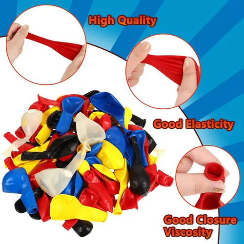 Vista 5 de Kit de guirnalda de arco de 147 piezas con temática de héroe, incluye globos azules, rojos, amarillos, negros con globos de confeti y cinta en rollo