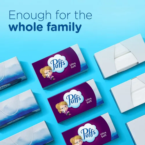 Vista 7 de Pañuelos faciales ultrasuaves sin loción Puffs, 1 cubo, 48 pañuelos por caja