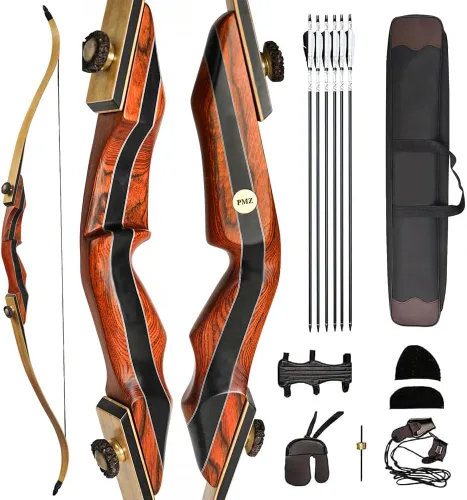 Vista 6 de PMZ Recurve Bow and Arrow Set, 60" Wooden Takedown Hunting Bows 20-60 lbs Negro