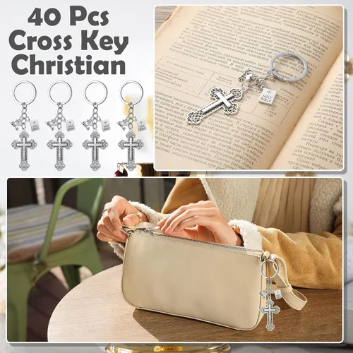 Vista 3 de Loetere 40 llaveros de cruz cristiana para Navidad, Jesús, sagrada Biblia, colgantes, llaveros de cruz, llaveros religiosos para cristianos