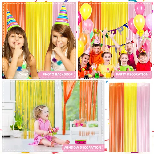 Vista 4 de Paquete de 3 cortinas de flecos de papel de aluminio Groovy para cabina de fotos, decoración bohemia para fiestas, 3.2 x 6.6 pies
