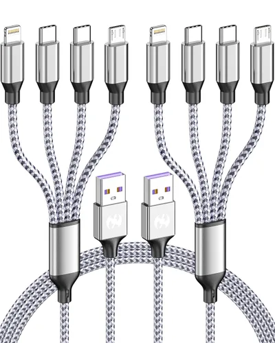 Vista 9 de Doub Tyep-C 4 en 1 cable de carga múltiple de 4 pies, cable de carga de nailon trenzado Lightning para iPhone, cable de carga universal con tipo C
