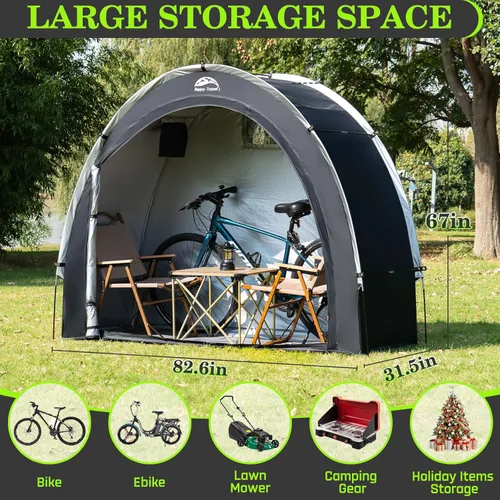 Vista 2 de Happy Travel Carpa Cobertizo de Almacenamiento de Bicicletas, Refugio Cubierta Impermeable para Bicicletas al Aire Libre con Ventana para 2/3/4/6