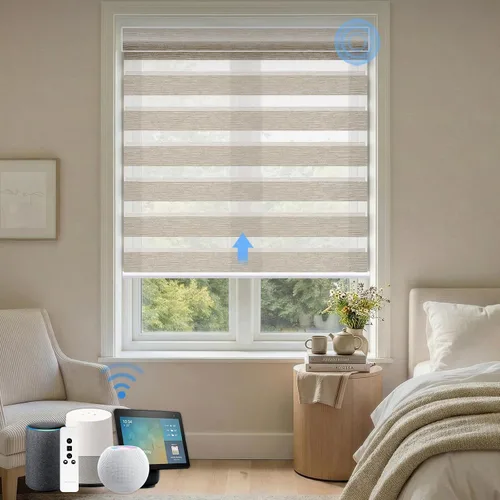 Vista 21 de Persianas motorizadas de cebra, persianas automáticas de oscurecimiento del 85% para ventanas interiores compatibles con HomeKit, Alexa, Google