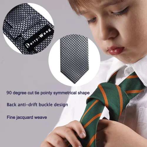 Vista 69 de Barry.Wang Corbata de niño regular seda tejida rayas sólido lazo bolsillo cuadrado