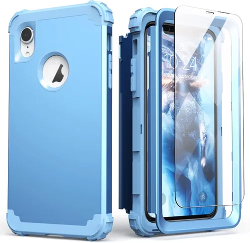 Vista 28 de IDweel Funda para iPhone XR, funda para iPhone XR con protector de pantalla de vidrio templado, 3 en 1, a prueba de golpes, delgada, híbrida, Negro