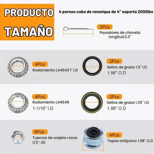Vista 3 de Juego de 2 cubos de remolque de 4 lengüetas para 2000 libras, cubo de remolque de 4 x 4 pulgadas, para ejes de remolque de 1 pulgada y 1-1/16