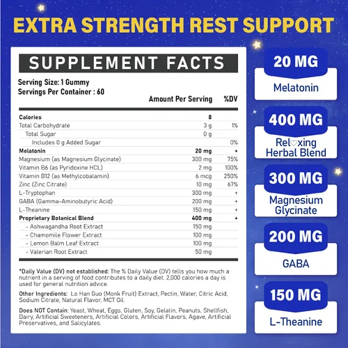 Vista 2 de Gomitas de melatonina de 20 mg para adultos, suplemento gomoso de melatonina de máxima fuerza con glicinato de magnesio, B6, B12, L-teanina, GABA